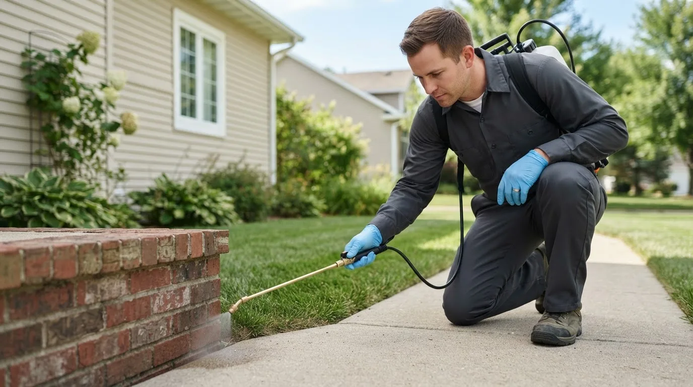 Pest control technician treating a home near Norris City, IL